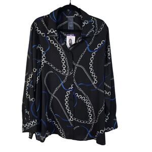 Chelsea & Theodore Shirt Women's XXL Black Chain Ribbon Print Career Casual NEW